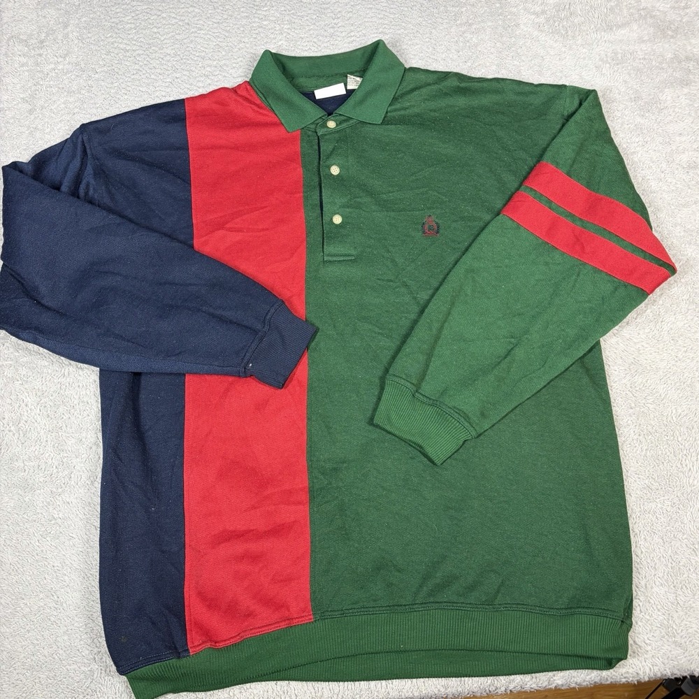 VINTAGE 90s Bugle Boy Crewneck Sweater Mens XL Color Block Polo Green Red Navy